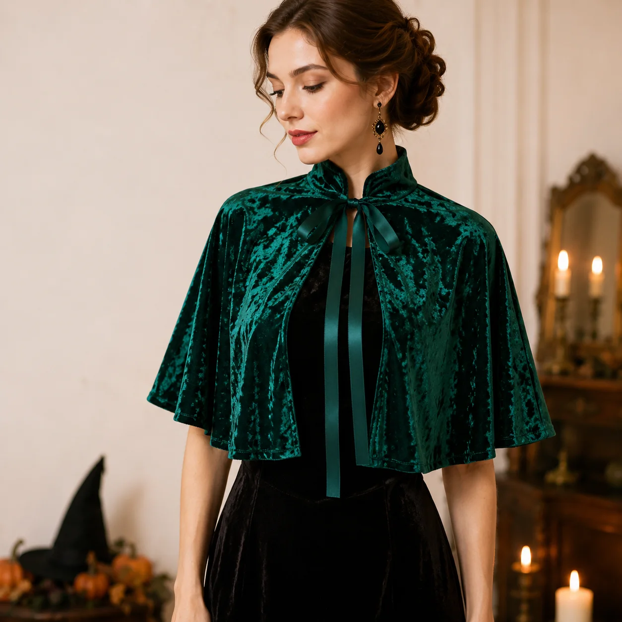 Samt-Umhang mit Stehkragen, kurzer Cape-Schal mit Bändern vorne, Vintage-Cropped-Überwurf für Damen, Hochzeit, Halloween-Party