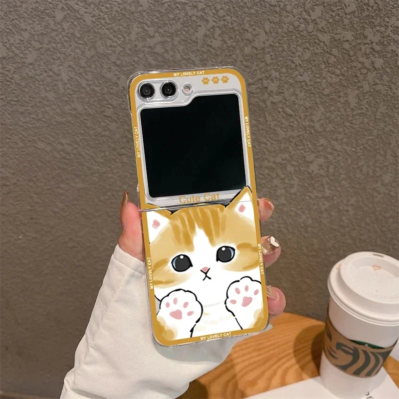 Cute Cartoon Cat Phone Cases for Samsung Galaxy Z Flip 5 ZFlip 6 Clear Cover for Samsung ZFlip 4 3 Hard Shockproof Shell Fundas