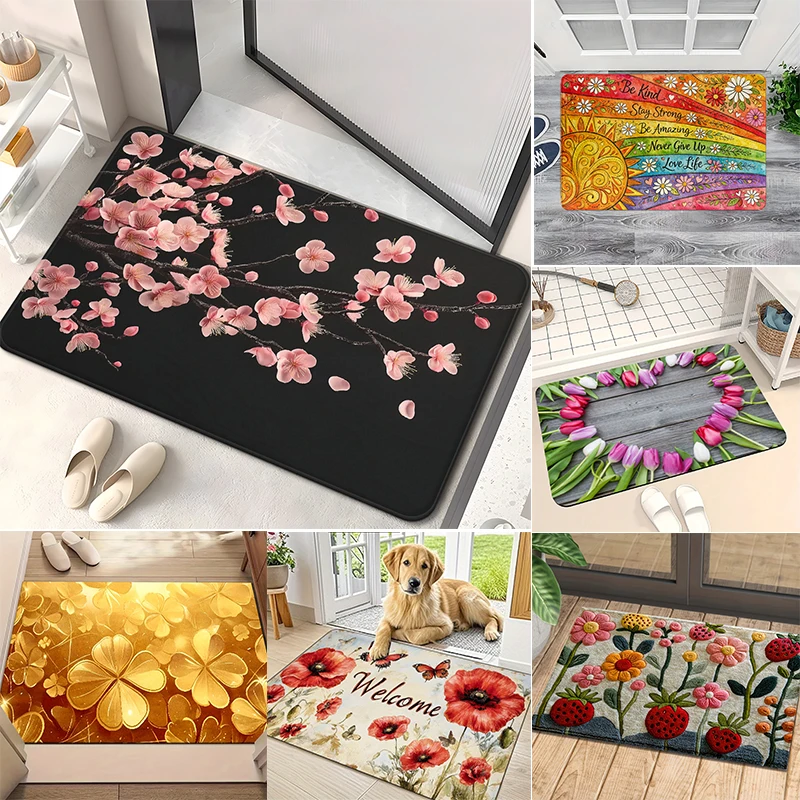 Spring Floral Floor Rug Cherry Blossom Tulip Poppy Rainbow Inspirational Slogan Colorful Botanical Decor Area Rug