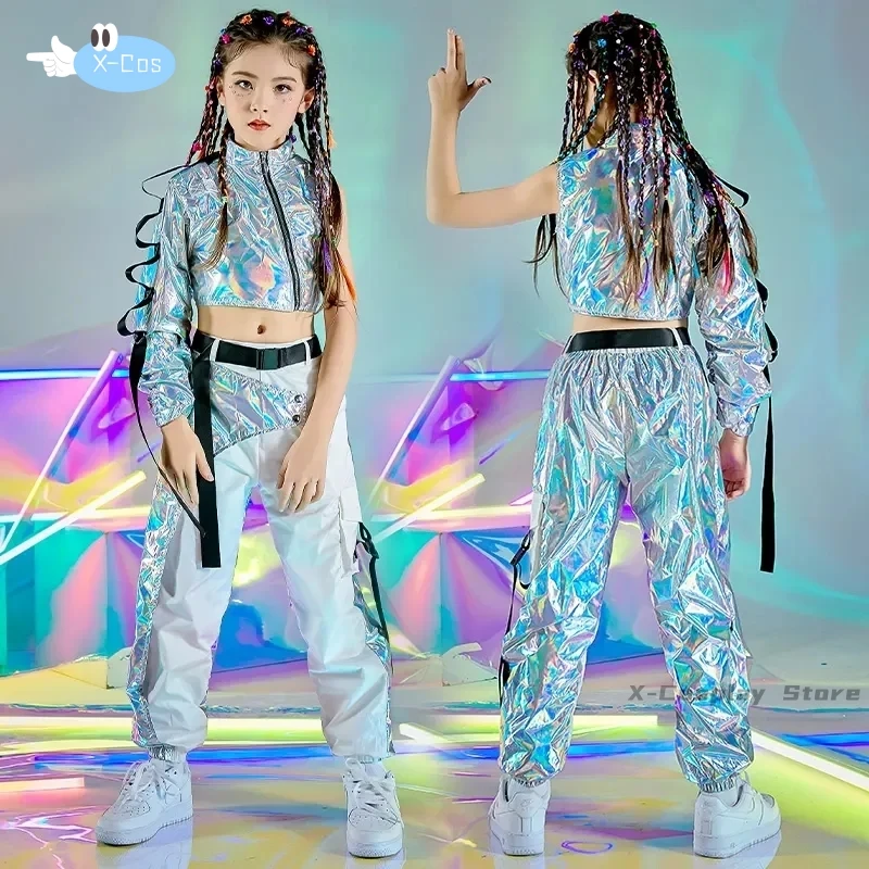 PU Hip-Hop Dance Clothes Reflective Rave Outfit Girl set Jazz Dancewear Festival Crop top pantaloni Cargo passerella Show Costume