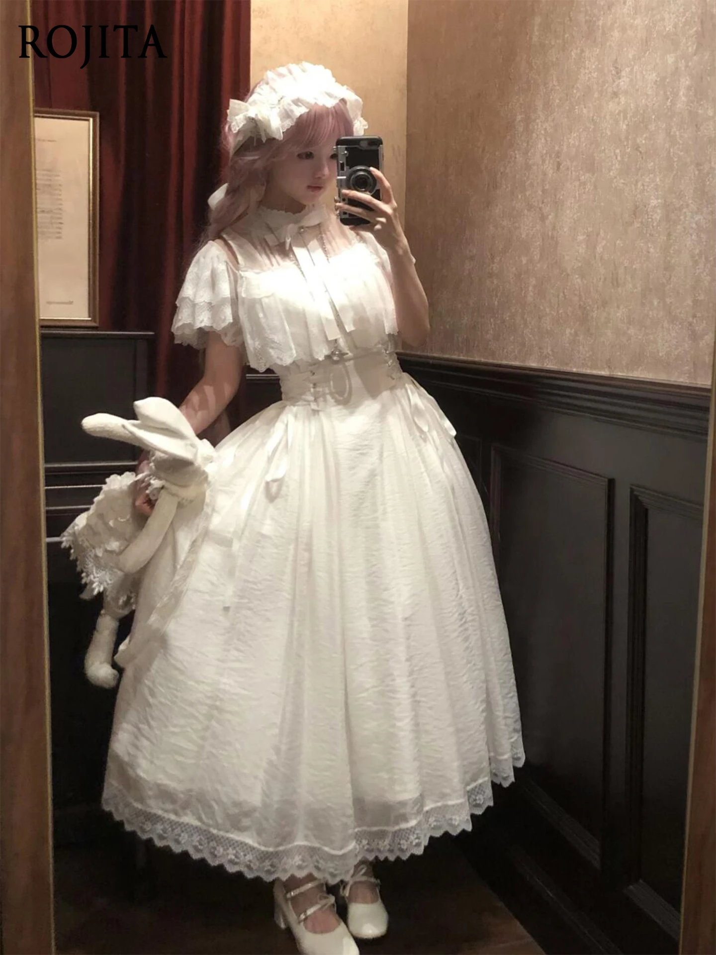 

White Elegant Summer New Lace Patchwork Design Bowknot Dress for Women 2025 Luxurious Long Dress Japanese Style
