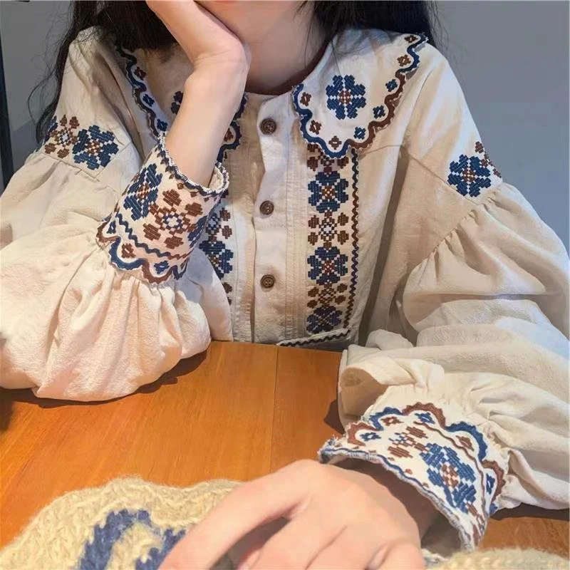 2024 Women Spring Blouse Vintage Ethnic Style Peter pan Collar Long Sleeve Loose Embroidered Pullover Shirt Casual Top