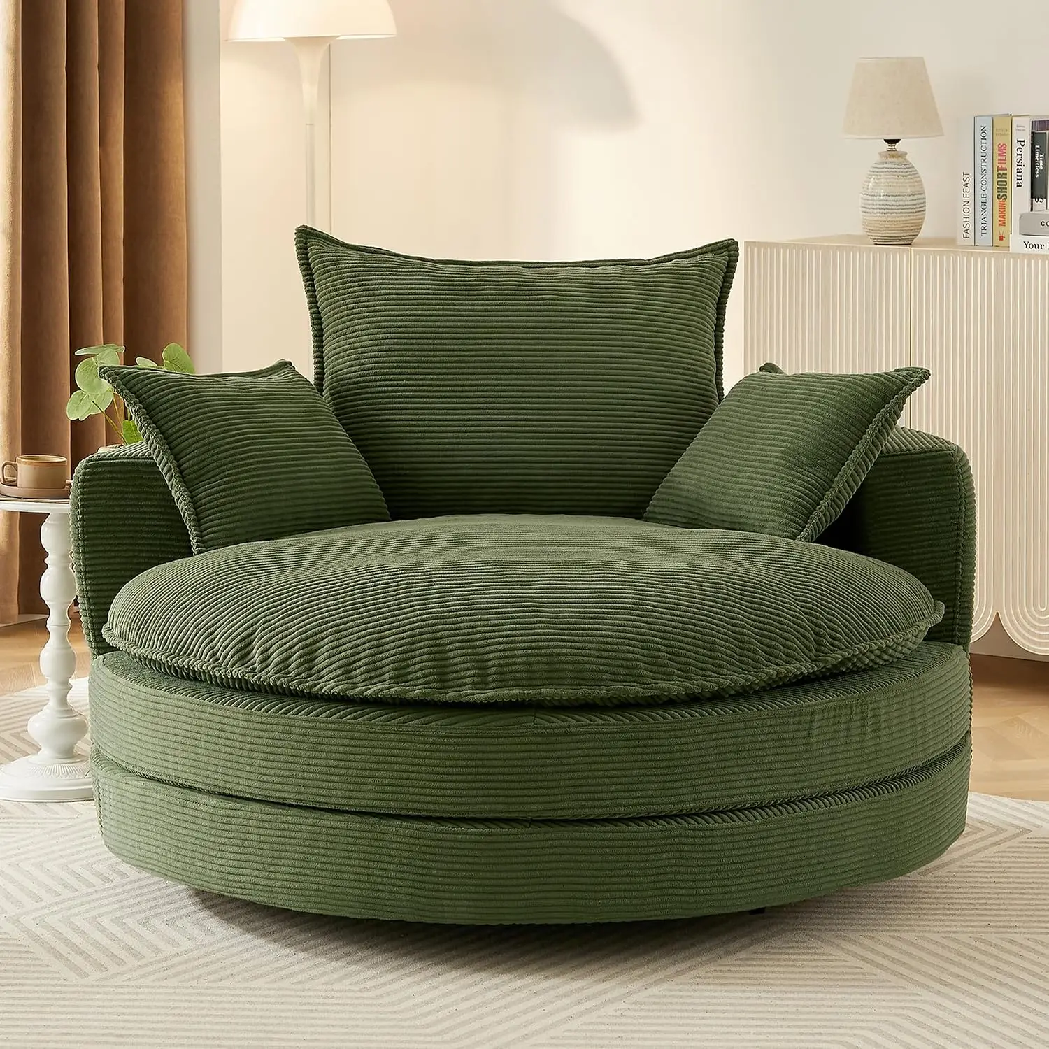 360° Swivel Barrel Chair Dual-Layer Cushion & 3 Removable Pillows Oversized Round Single Sofa Lounge Green, Customized