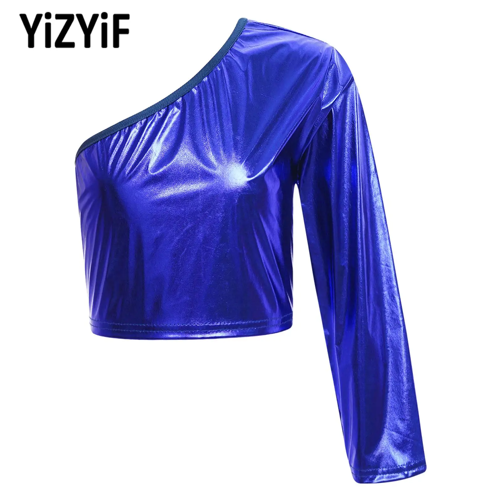 

Kids Metallic Shiny One Shoulder Crop Top Cheerleading Jazz Street Dance Stage Performance Girls Boys Long Sleeve T-shirt