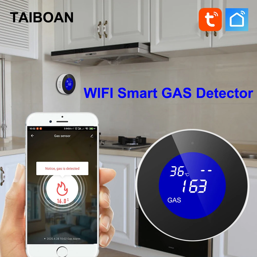 Czujnik alarmu Smart Tuya Wifi na gaz ziemny z funkcją temperatury palny detektor wycieku gazu wyświetlacz LCD Smart Life App