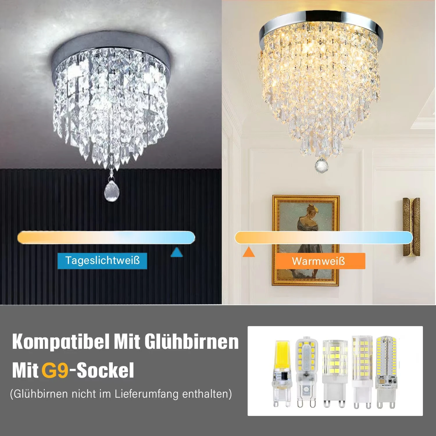Lámpara de techo de cristal, luz LED de techo con base G9, lámpara de dormitorio, candelabro de cristal, luz de pasillo, lámpara de techo