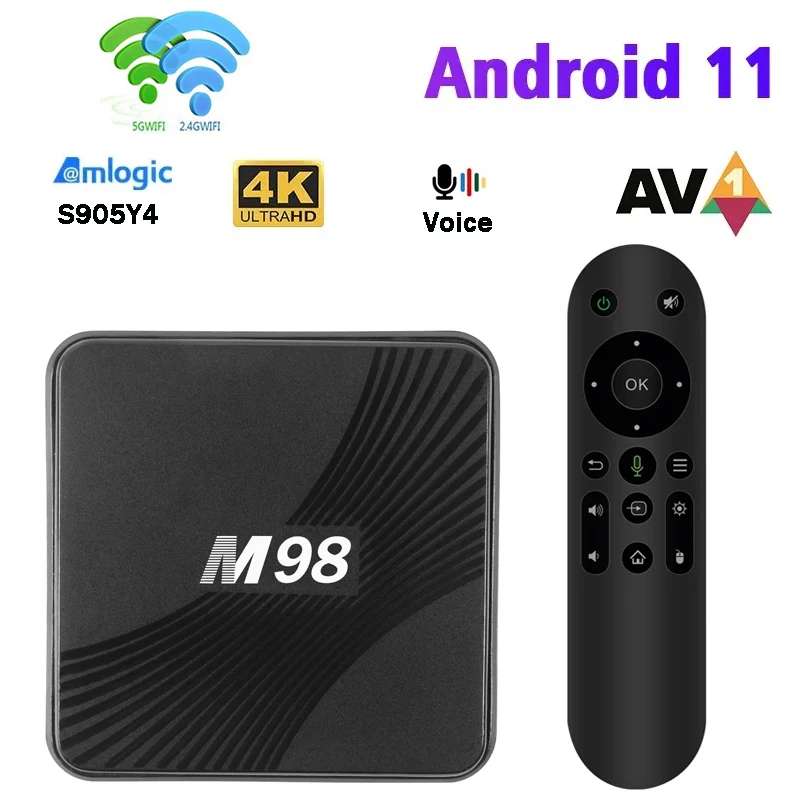 

New Smart TV Box M98 Android 11.1 4K 3D HD BT 5.0 Media Player Amlogic S905Y4 WiFi 5G Very Fast AV1 Voice remote Set Top Box