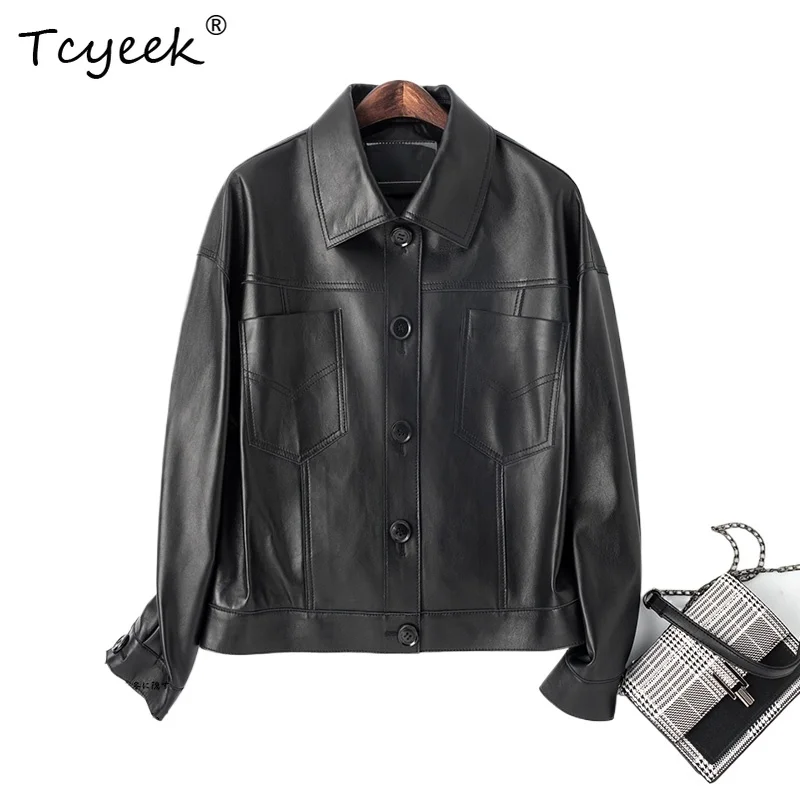 Tcyeek 양피 봄 가을 Fangling 기관차 트렌디 짧은 검은 여성 정품 가죽 자켓 Женская Кожаная Куртка