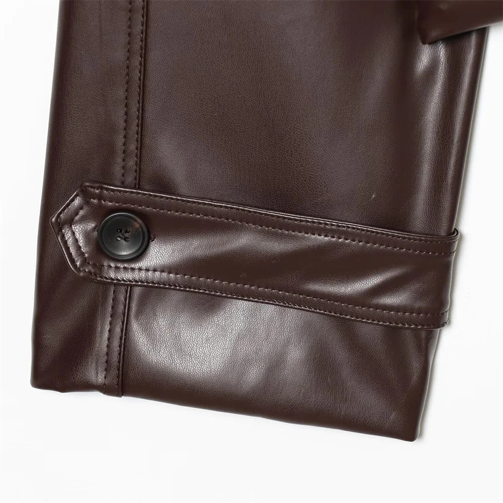 Nouveau manteau trench court en similicuir pour femme, style décontracté et polyvalent, à double boutonnage, avec ceinture décorative et revers, collection 2026