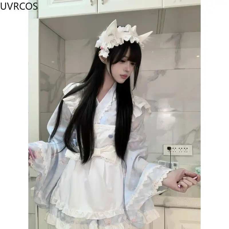 Japanese Cute Lolita Op Dress Women Sweet Cartoon Bear Dog Print Ruffle Bow Apron Maid Party Dress Fashion Kawaii Princess Dress