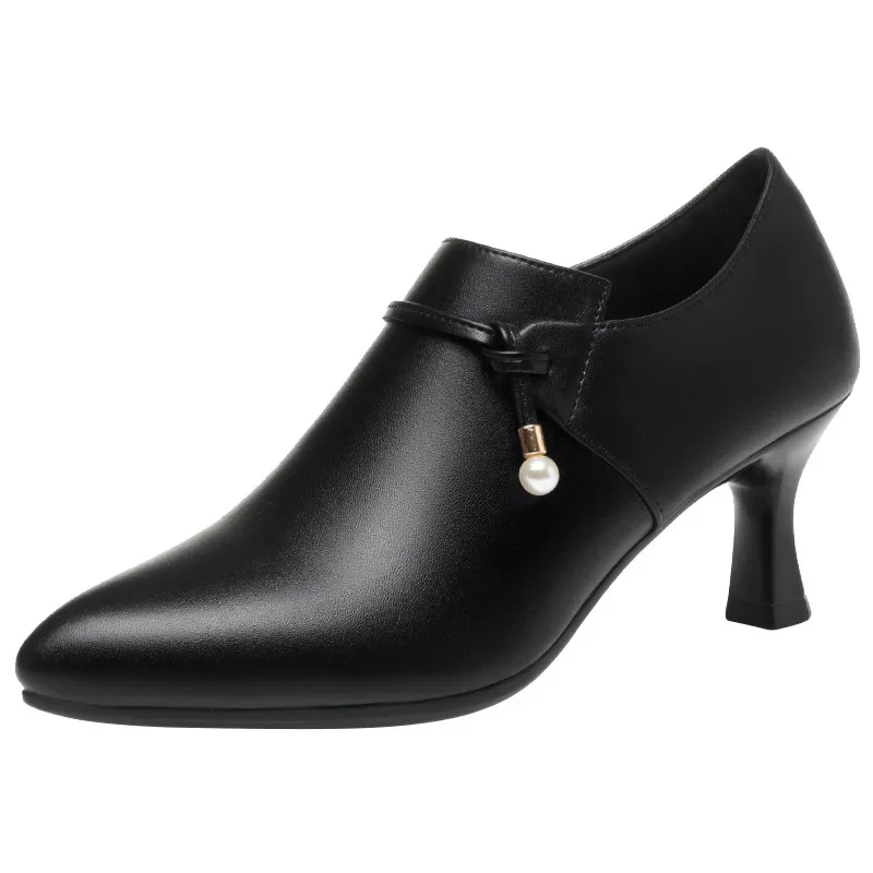 5cm 6.5cm Comfortable Deep Mouth Soft Leather Shoes Women Spring 2024 Block Med Heels Shoes Black for Office Dance Mom Daily