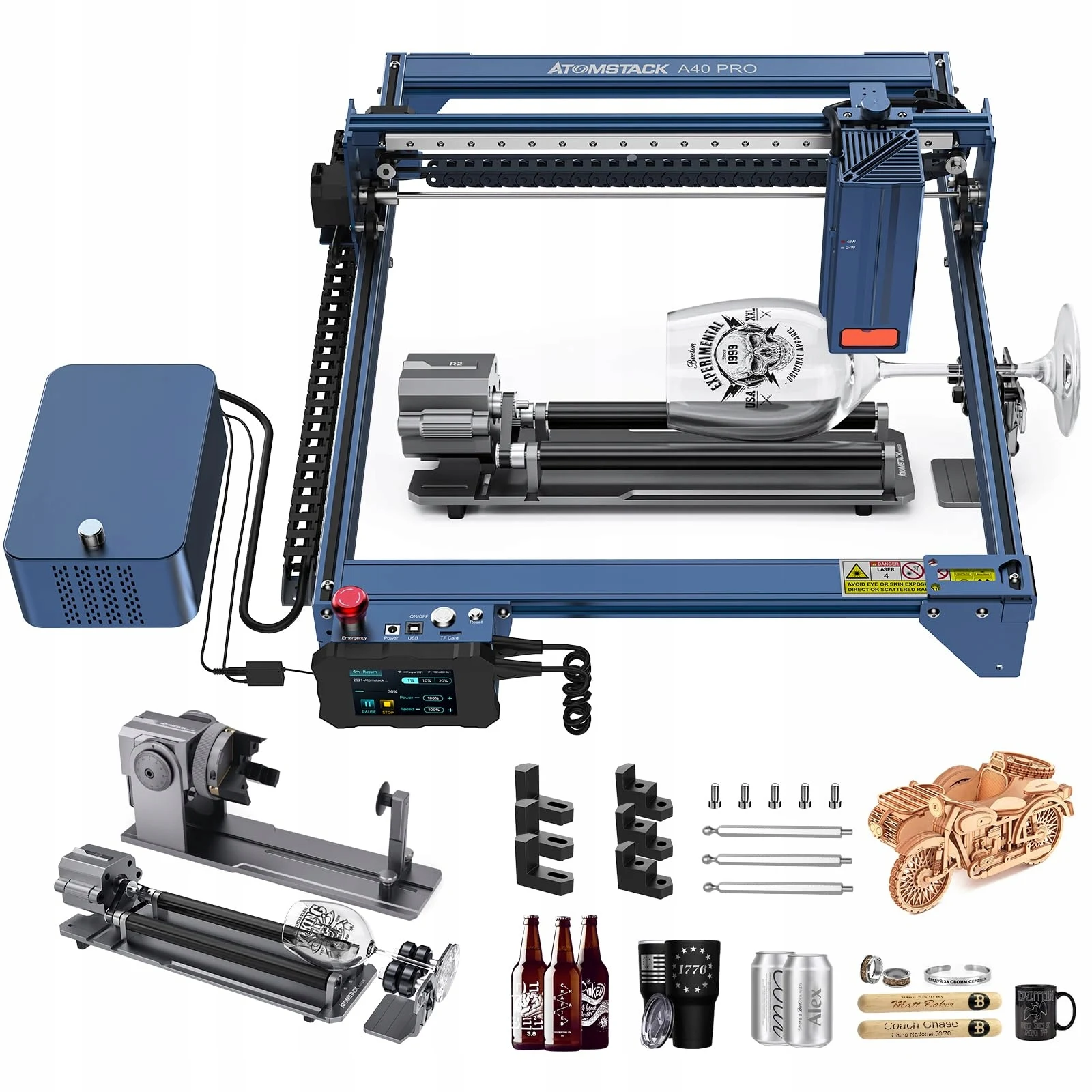 

ATOMSTACK A40 X40 S40 Pro 48W Engraving Machines With R1 Pro Chuck Rotary Roller For Round And Irregular Objects