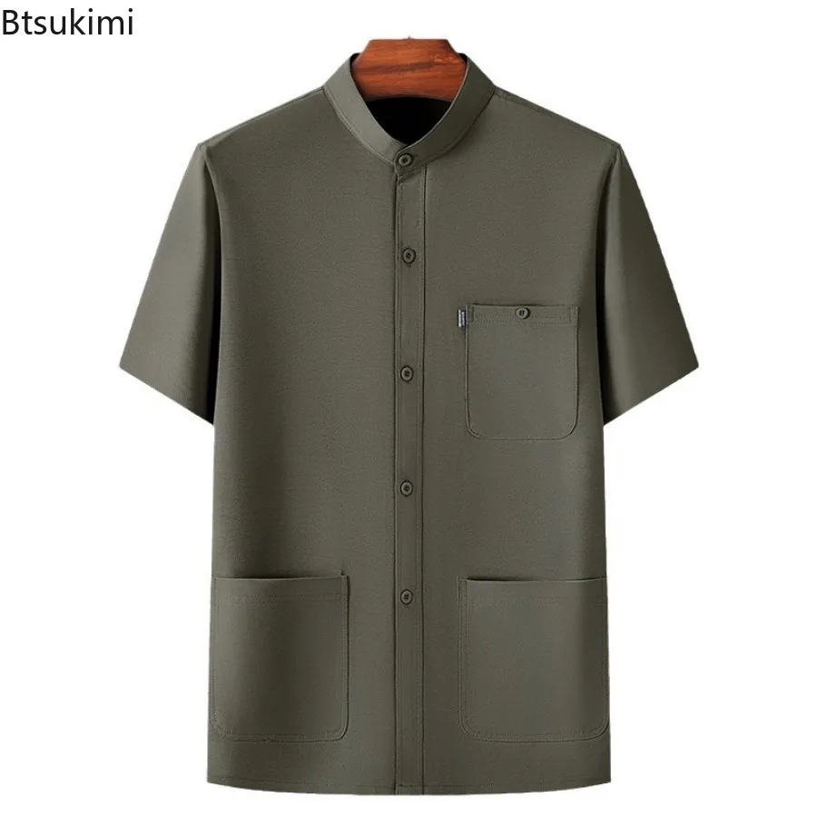 Camisa de manga corta con cuello levantado para hombre, conjunto de dos piezas, moda deportiva informal, traje Tang de mediana edad, verano, 2024