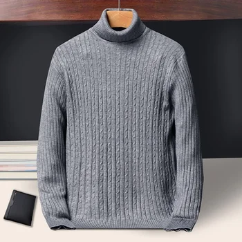 New Men's Turtleneck Sweaters Autumn Knitted Striped Streetwear Warm Long Sleeved Pullover Solid Color Basic Style Casual Tops 3