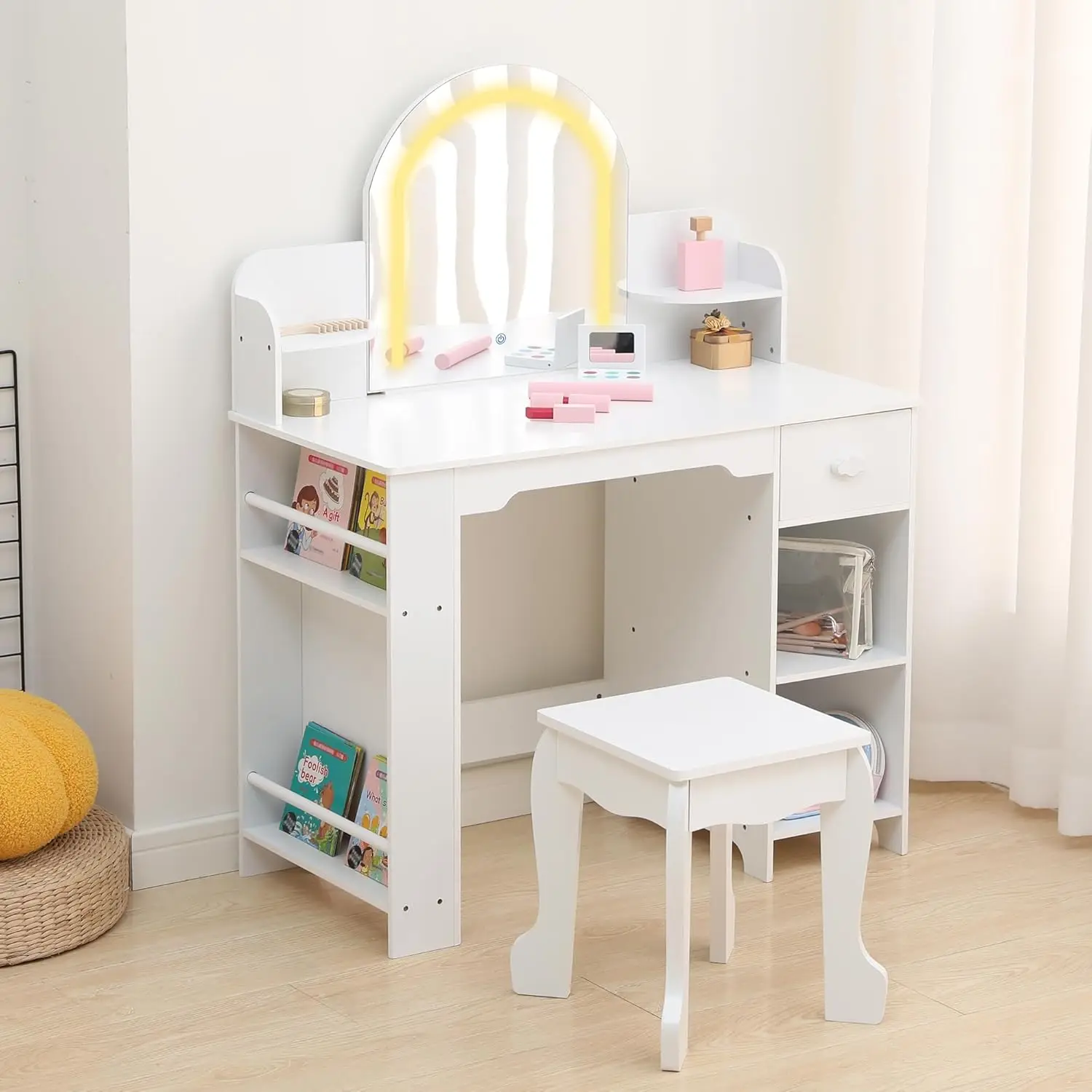 2-in-1 Kids Vanity Table & Stool with Lighted Mirror, Wooden Princess Makeup Desk with Bookshelf, Drawer & Open Shelves for Girls Bedroom & Playroom