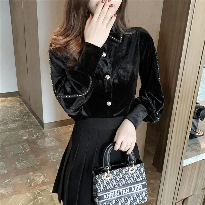 Women Clothing Stylish Vintage Rivet Gold Velvet Button Up Shirts Elegant Chic Lapel Black Blouses Long Sleeve Slim Fleece Tops