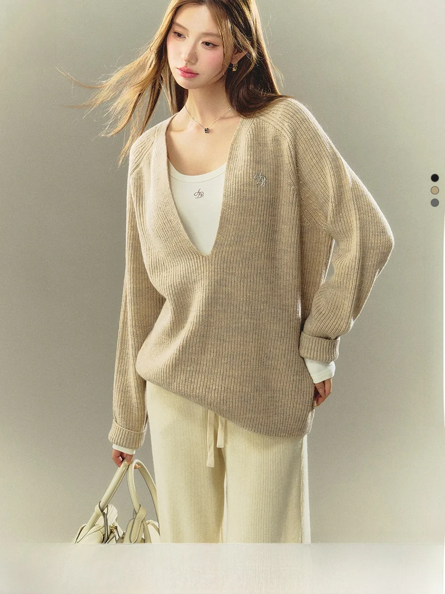 

Original V-Ne Sweater Loose Versatile Ele Lazy Faion Simple Knitted irt Autumn Winter Women's Faion Casual Wear