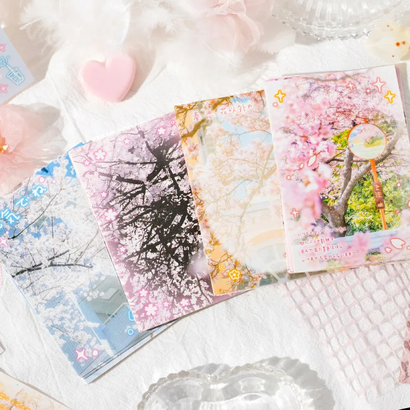 40pcs/set Japanese Spring Sakura Scrapbooking Memo Pad Sweet Retro Sakura Landscape Non-sticky Note Journal Background Paper