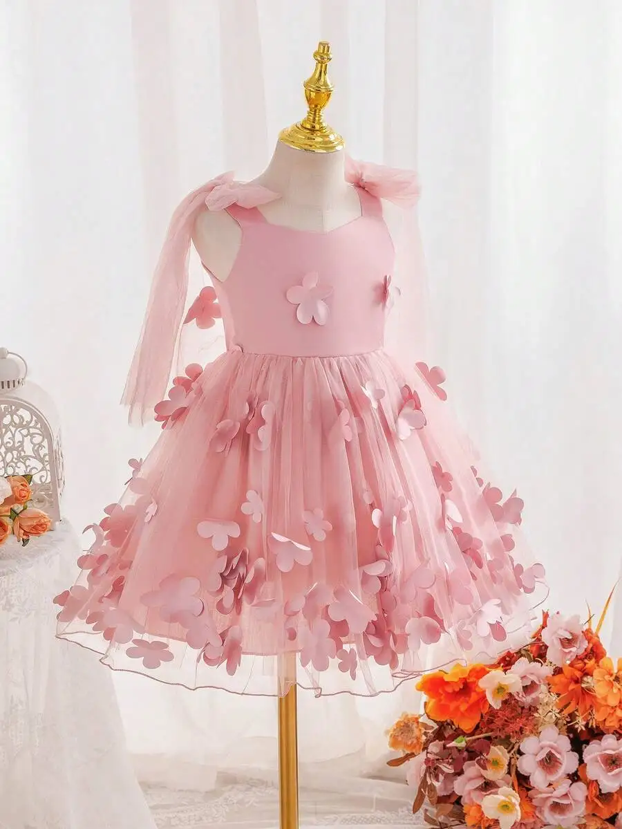 

Pink Strapless Evening Dress With 3D Flower Appliques And Puff Tulle Skirt