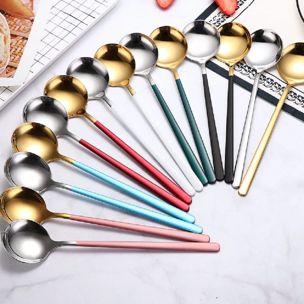 

Korean Silvery Spoon Stainless Steel Exquisite Long Handle Round Spoon Creative Ice Cream Dessert Spoon Fork Kitchen Tableware