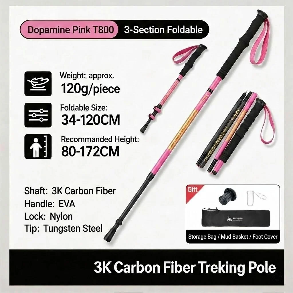 

2pcs Carbon Fiber Alpenstocks Ultralight Trekking Folding Pole Walking Hiking Sticks Camping Family Alpenstocks for Women/Man