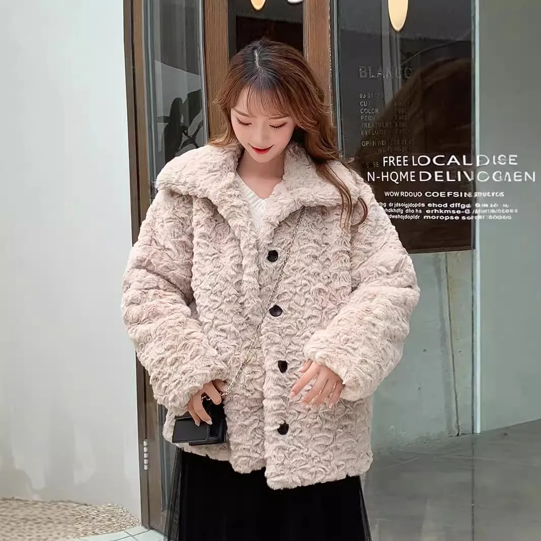 Cross-border brushed fur jacket women's winter embossed rabbit fur button-up top loose fashion lapel furry clothes