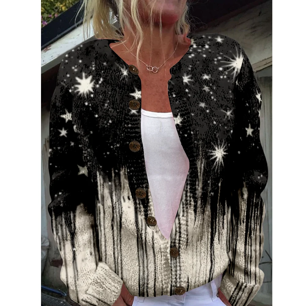 Women Cardigan Knitted Sweater Oil painting Long Sleeve Jumper Cardigans Casual Streetwear Fashion Coat