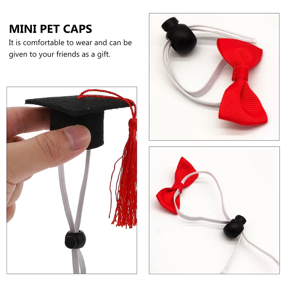 

4pcs Pet Bachelor Hat Set Adjustable Mini Graduation Caps Red Tassel Dog Costume Supplies Elastic Bow Tie Included for Small