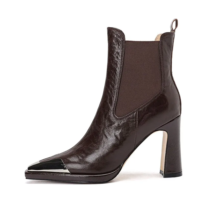 2024 Shoes Women Lace Up Genuine Leather High Heel Pumps Female Low Top Metal Pointed Toe Wedding Party Ankle Boots Casual Shoes