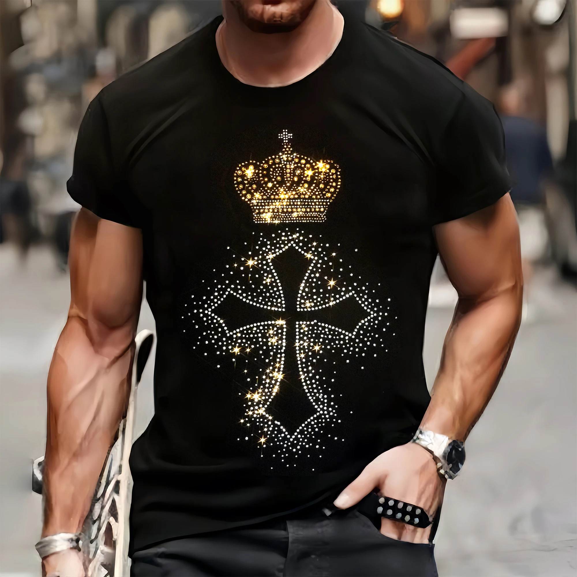 New Fashion Men's Quality T-Shirts Casual Short Sleeve Clothing Tee Tops O-Neck Cross Rhinestone Club Tshirt Y2k Oversized S-3XL