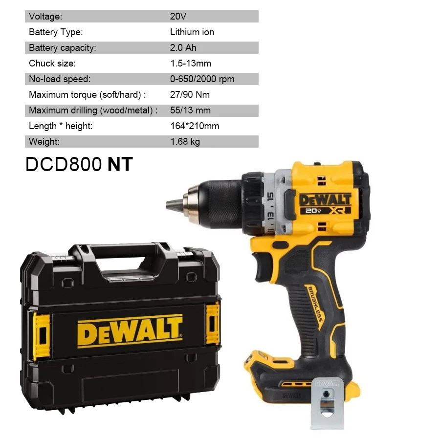 DEWALT 20V XR Brushless Cordless Electric Driver with Tool Box 1/2'' Drill Compact Electric Screwdriver Set DCD800NT