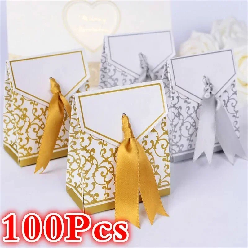 

100Pcs Gold Silver Paper Candy Box Gift Bag Wedding Souvenir Packaging Baby Birthday Party Supplies Wedding Candy Chocolate Boxs