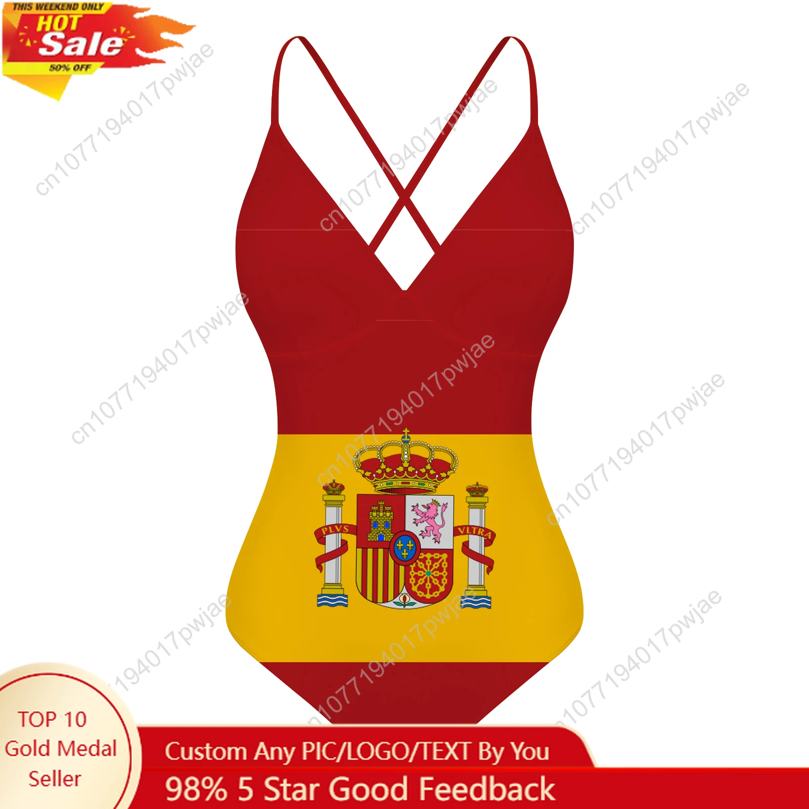 Spanish National Emblem Vox Custom V-neck Halter Back Swimsuit Womens Bathing Suits Bikini Pool Beach Sexy Swimwear Beachwear