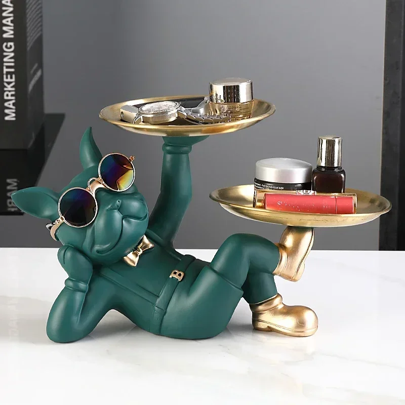 French Bulldog Animal Sculpture Resin Dog Sculpture Metal Tray Living Room Decoration Home Interior Decoration Accessories