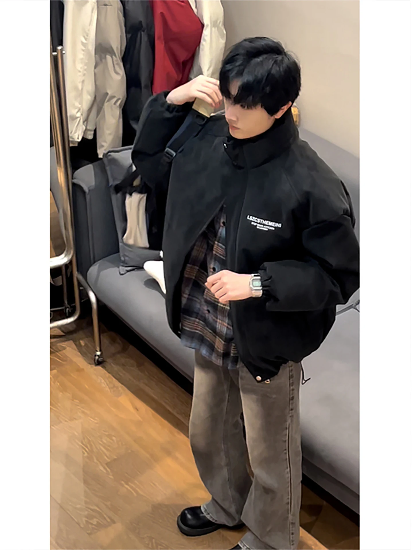 American Retro ort Thiened Stand Collar Men's down Jaet Faux Leather Coating Warm Outdoor Daily Wear Winter Coat