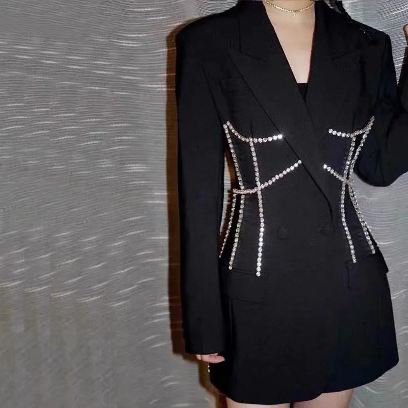 Rhinestone Ornament European American Women's Suit Jacket 2023 Autumn Winter Fashion Mid-Length Tight Waist Suit Dress