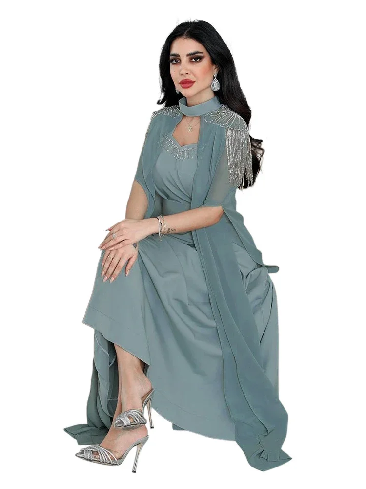 Eid Muslim Party Dress for Women with Cloak Ramadan Abaya Long Dress Belt Kaftan Vestidos Largos Dubai Tassel Robe Jalabiya 2024