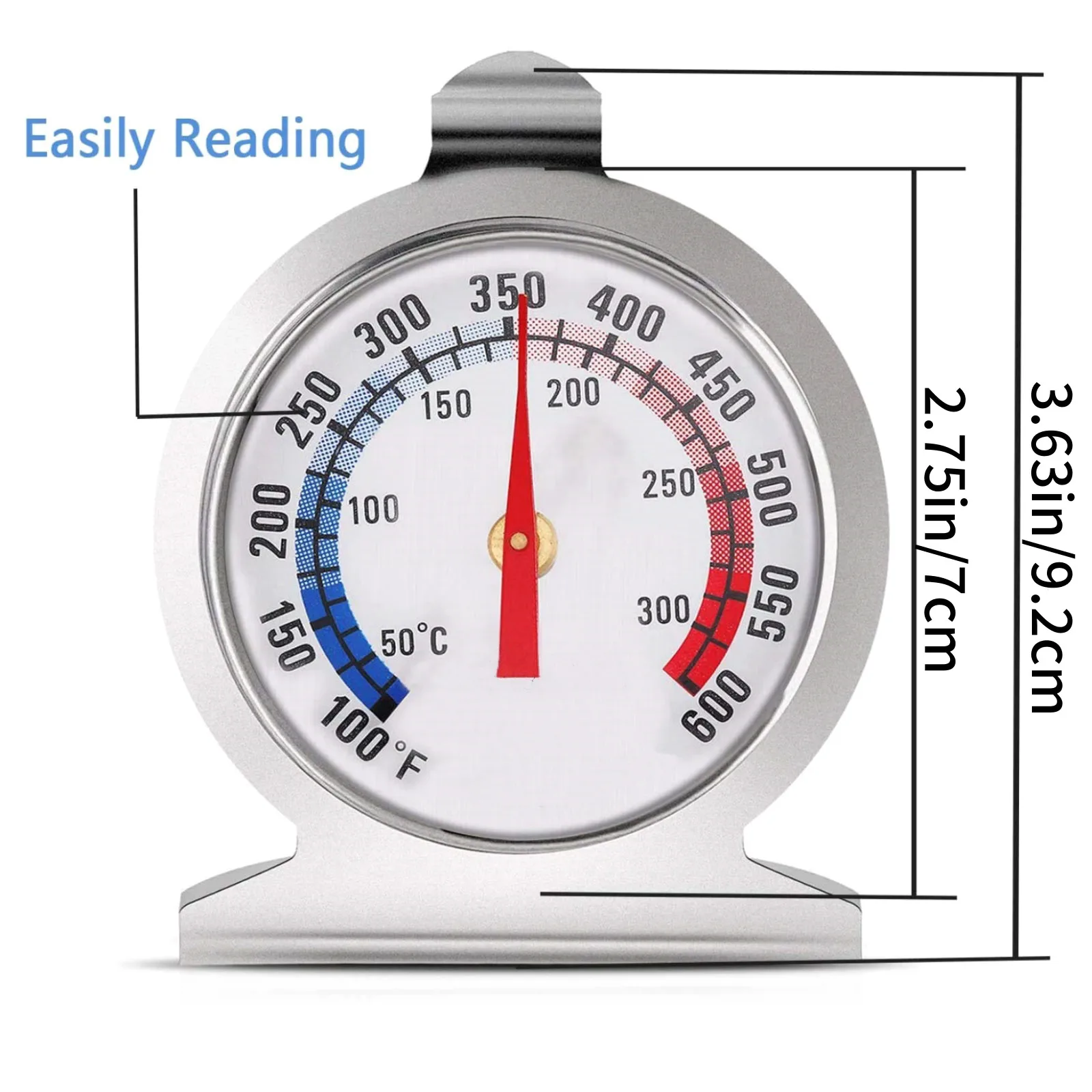 Oven Thermometer Stainless Steel Mechanical Analog Large Dial Instant Read with Hook & Stand for Kitchen Baking BBQ Grill Smoker
