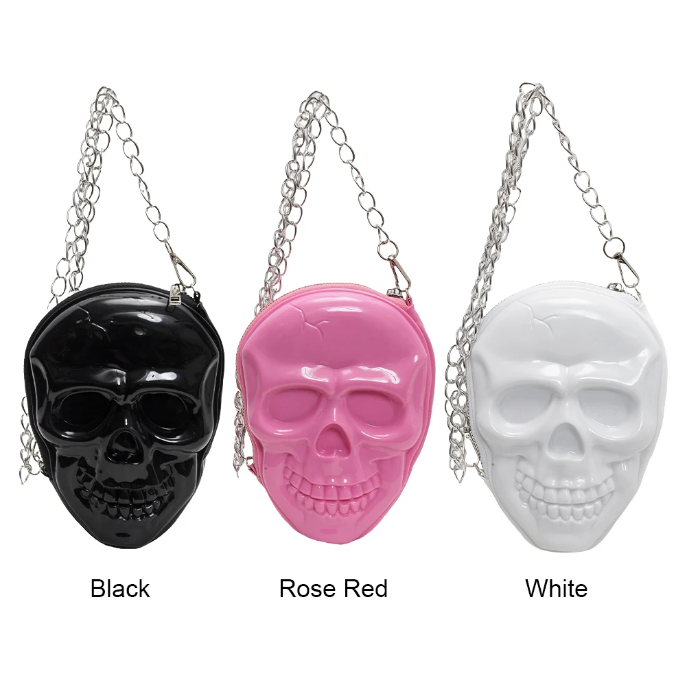 Halloween PU Skull Crossbody Bag Zip Closure Spooky Sling Bag Large Capacity Scary Satchel Bag Solid Color Small Tote Bag