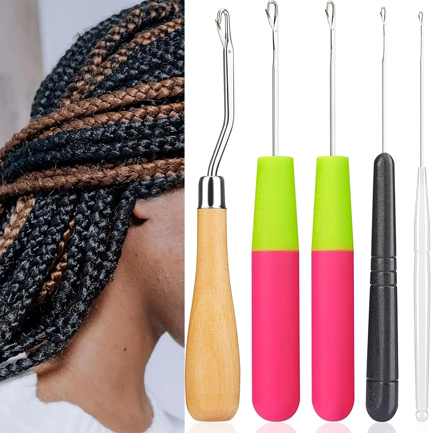 

5Pcs/Sets Bent Latch Hook Crochet Hooks Hair Braiding Tools Dreadlocks Different Sizes Crocheting Weaving Needles