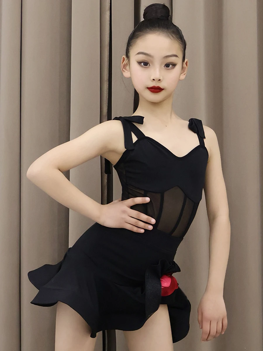 Girls Latin Dance Clothes Mesh Black Sleeves Tops Skirt Suit Kids Cha Cha Rumba Samba Dance Training Practice Clothing