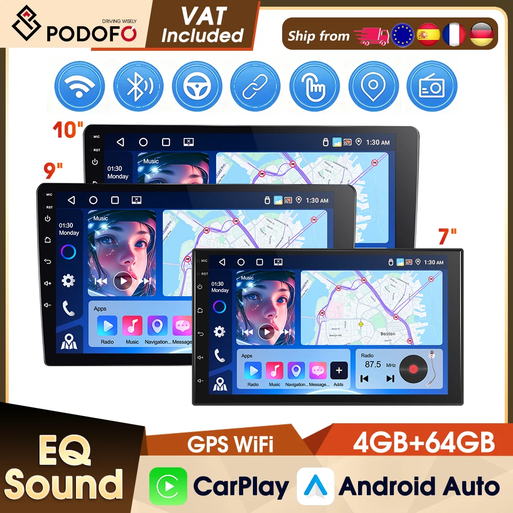 Podofo Android 7 9 10 Zoll 4+64G Autoradio IPS-Bildschirm WLAN GPS Intelligente Autosysteme FM RDS Kabelloses CarPlay Android Auto Bluetooth Autoradio
