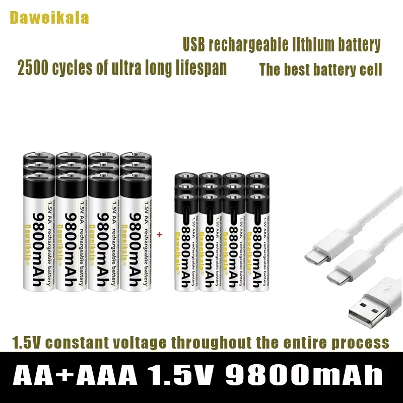 Pilas recargables USB AA + AAA de 1,5 V, pilas AA de 9800mAh/AAA de iones de litio de 8800mAh para juguetes, reloj, reproductor de MP3, termómetro y Cable