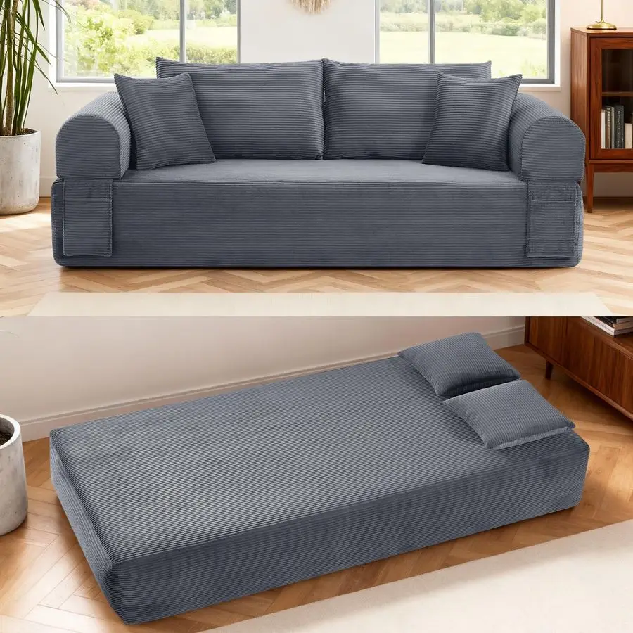 

83 Boneless Couches for Living Room,Corduroy 3 Seater Couch in a Box with 4 Pillows Storage Pocket,Convertible Slee,Customizable