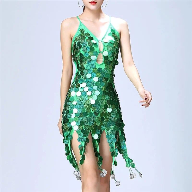 Robe de danse latine pour femmes, paillettes brillantes, franges, pièces de monnaie Sexy pour adultes, vêtements de danse pour Jazz, Salsa, Tango, vêtements d'entraînement