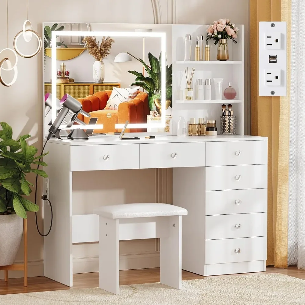 

Vanity with Lighted Mirror - 47" Makeup Vanity Desk with 7 Drawers, 3 Storage Shelves and Outlet, 3 Color Lighting Modes