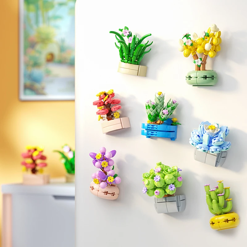 Weekit bricolage fleur succulente blocs de construction vert bonsaï maison magnétique réfrigérateur autocollants plantes plantes en pot briques jouets cadeaux