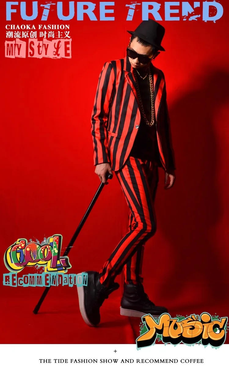 Red Black Striped Suit Nightclub Male Singer DSDJ Dance Stage Song Companion Bar Performance Clothing Party Host Magician