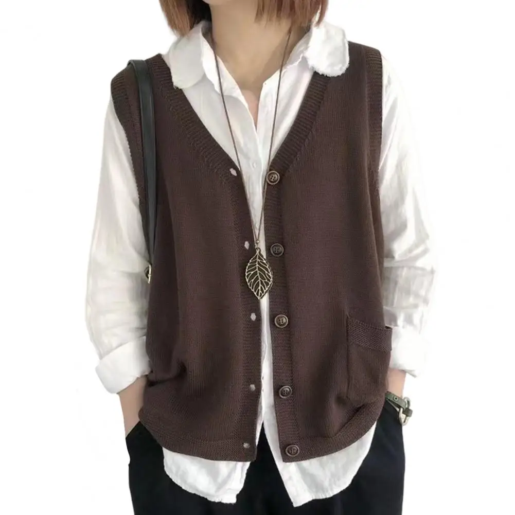 Women Vest V-neck Knitting for Warm Waistcoat with Pockets Solid Color Loose Tank Top Knit Vest Tops