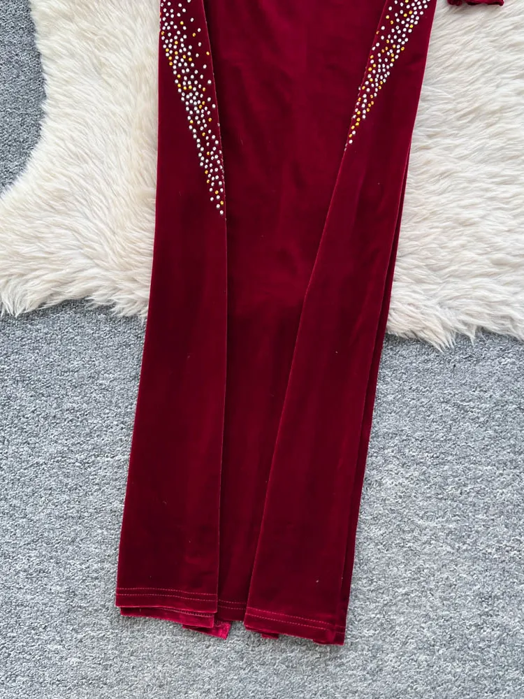 Robe de soirée longue en velours pour femme, ornée de diamants, effet amincissant, coupe enveloppante, taille haute, jupe trapèze